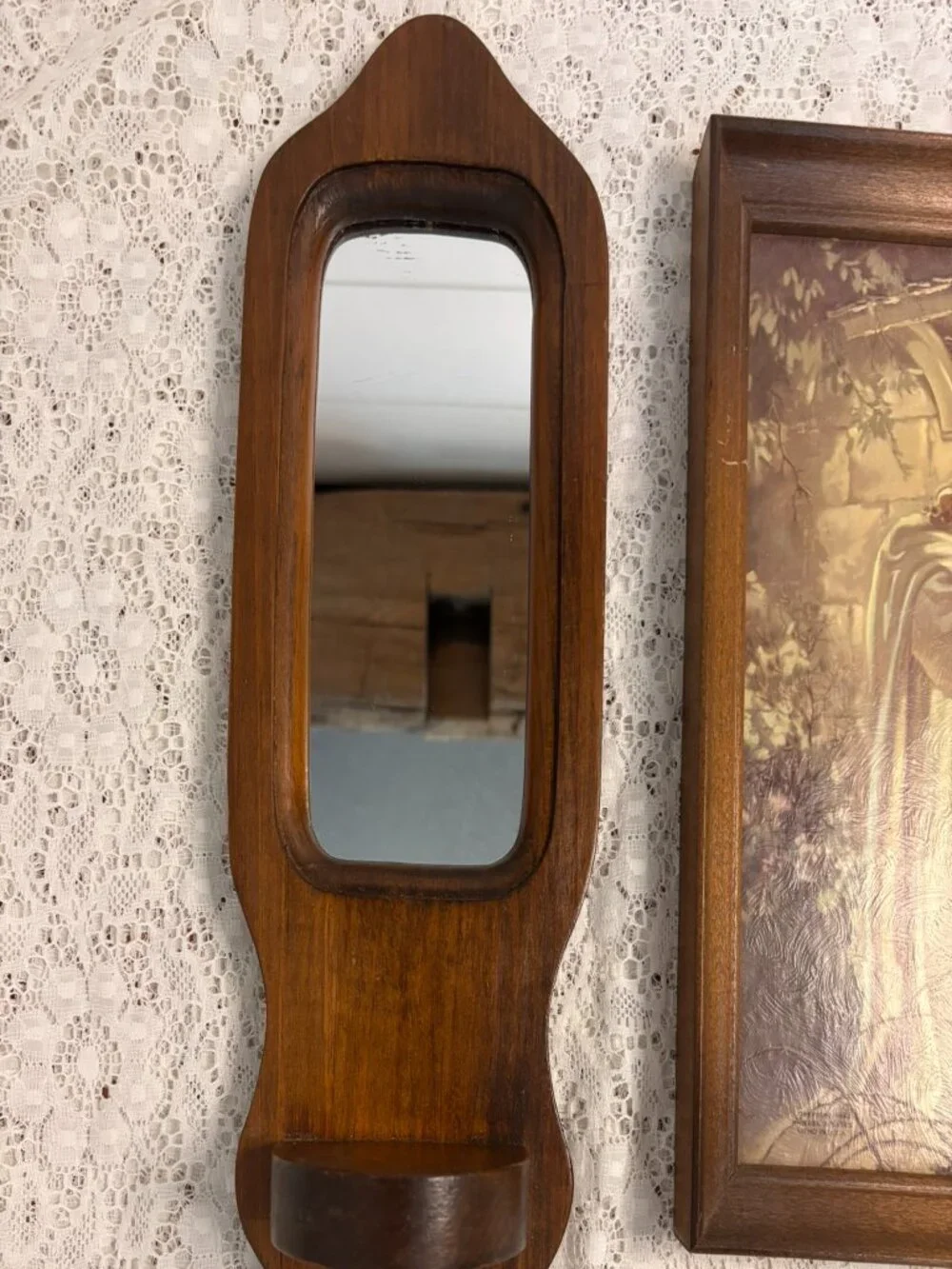 VTG MCM Wood Wall Mirror Sconce Colonial Farmhouse Candle Holder